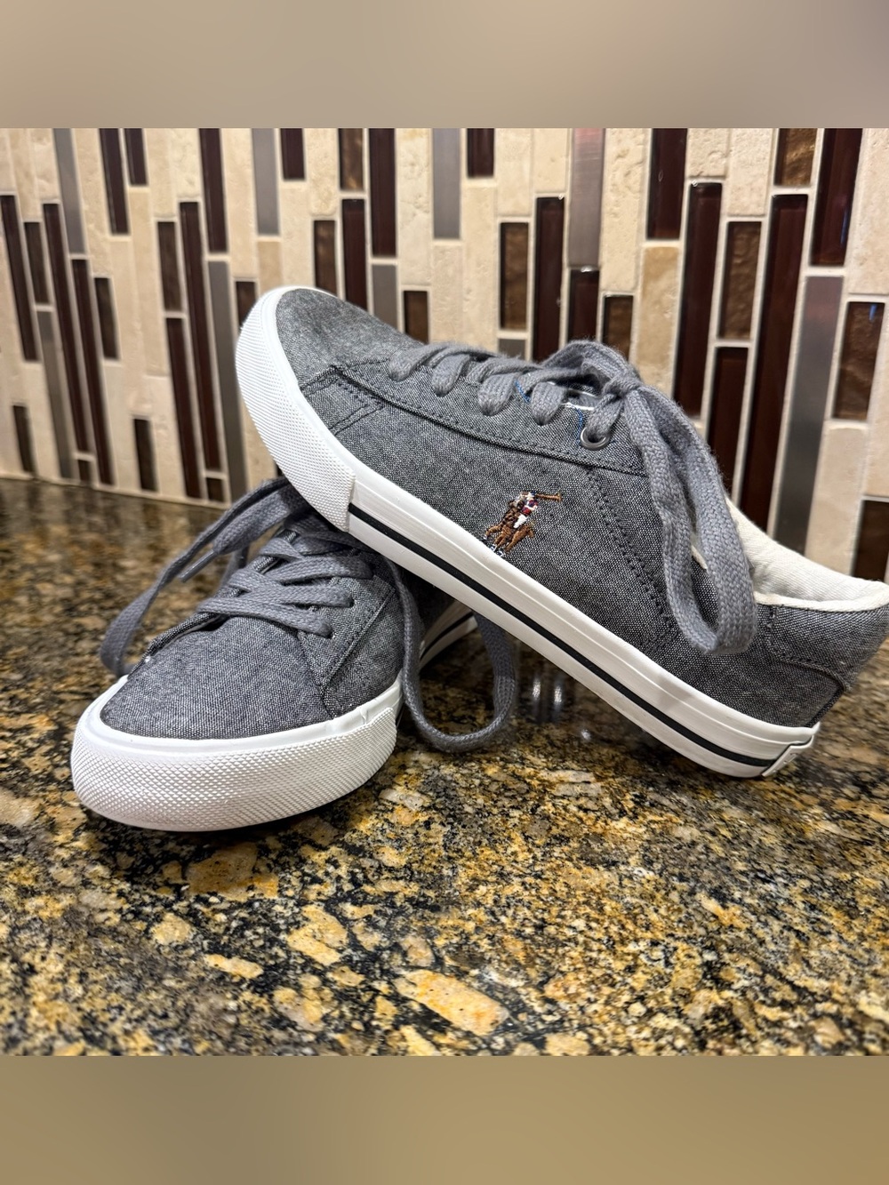 Polo Ralph Lauren Easton II Shoe Gray Chambray Cotton Lace Low Sneaker Youth 2